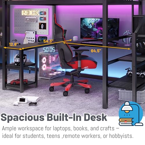 Full Size Loft Bed with Desk and Stairs,Metal Gaming Loft Bed Full with Wardrobe and Shelf, High Loft Bed with LED & USB Charging Station for Teens, Adults, Space Saving Design,Black