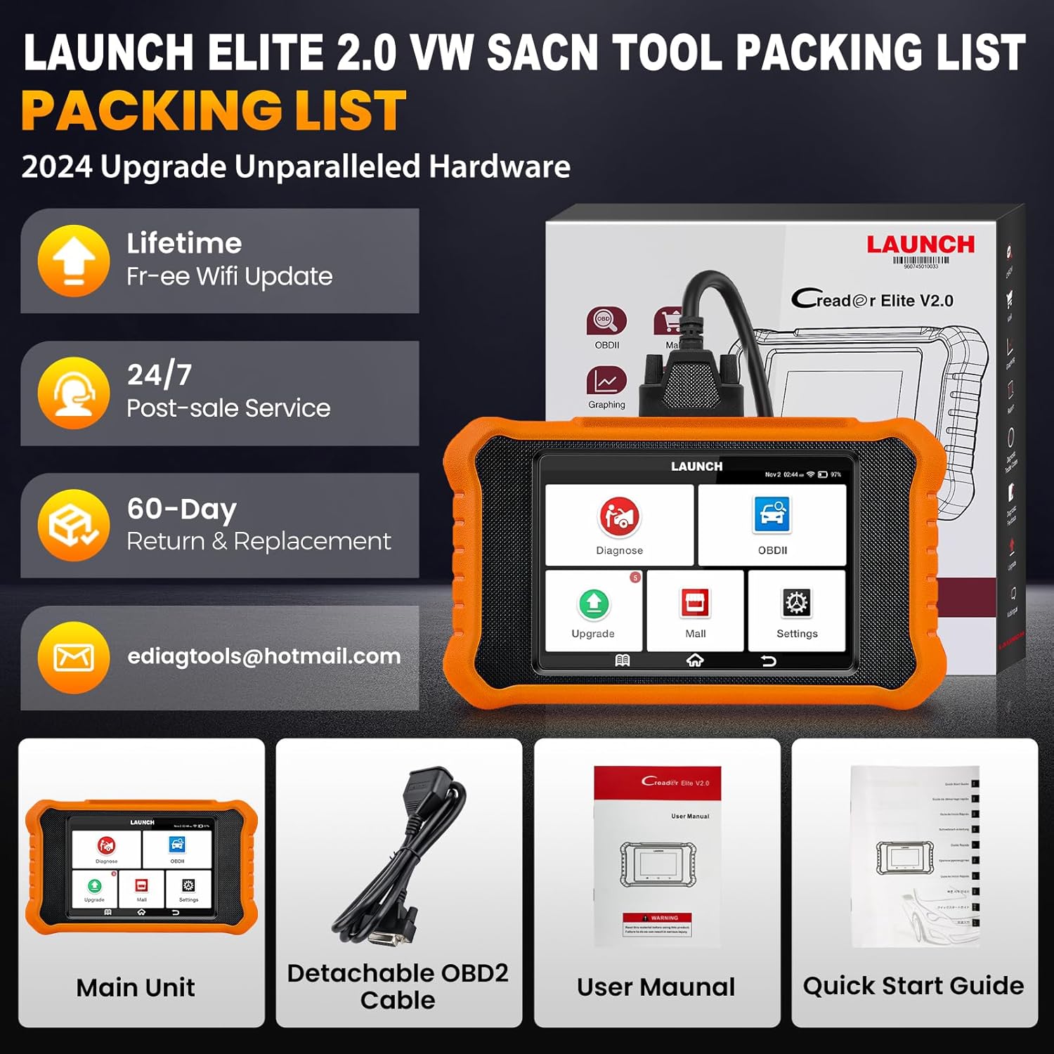 2024 LAUNCH Creader Elite V2.0 OBD2 Scanner for VW Audi Skoda Seat, Full Systems Bi-Directional Scan Tool for VAG Vehicles, All Services Car Code Reader, ECU Coding, AUTO VIN, Fr-ee Update