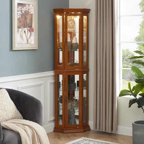 Suteck Corner Curio Cabinet with Lights, Adjustable Tempered Glass Shelves, Mirrored Back, Display Cabinet,Cherry (E26 light bulb not included)