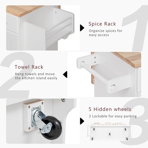 59.3" Rolling Kitchen Island on Wheels with Trash Can Storage Cabinet, Island Table for Kitchen with Power Outlet, Kitchen Cart with Drop Leaf and Internal Storage Rack (Black)