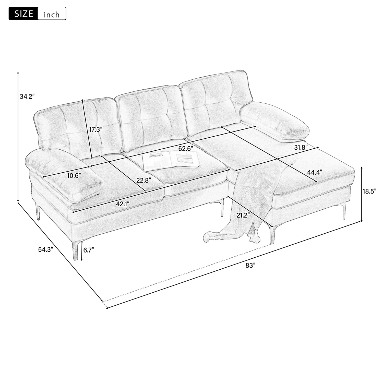 Churanty Modern 3 Seater Sectional Sofa with Chaise,Velvet L Shape Sofa Couch with Gold Legs for Living Room Bedroom,Yellow