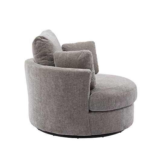 42.2" W Oversize Round Chair, 360 Degree Chenille Swivel Accent Barrel Chair with 3 Pillows for Bedroom Living Room Lounge Hotel (Beige)