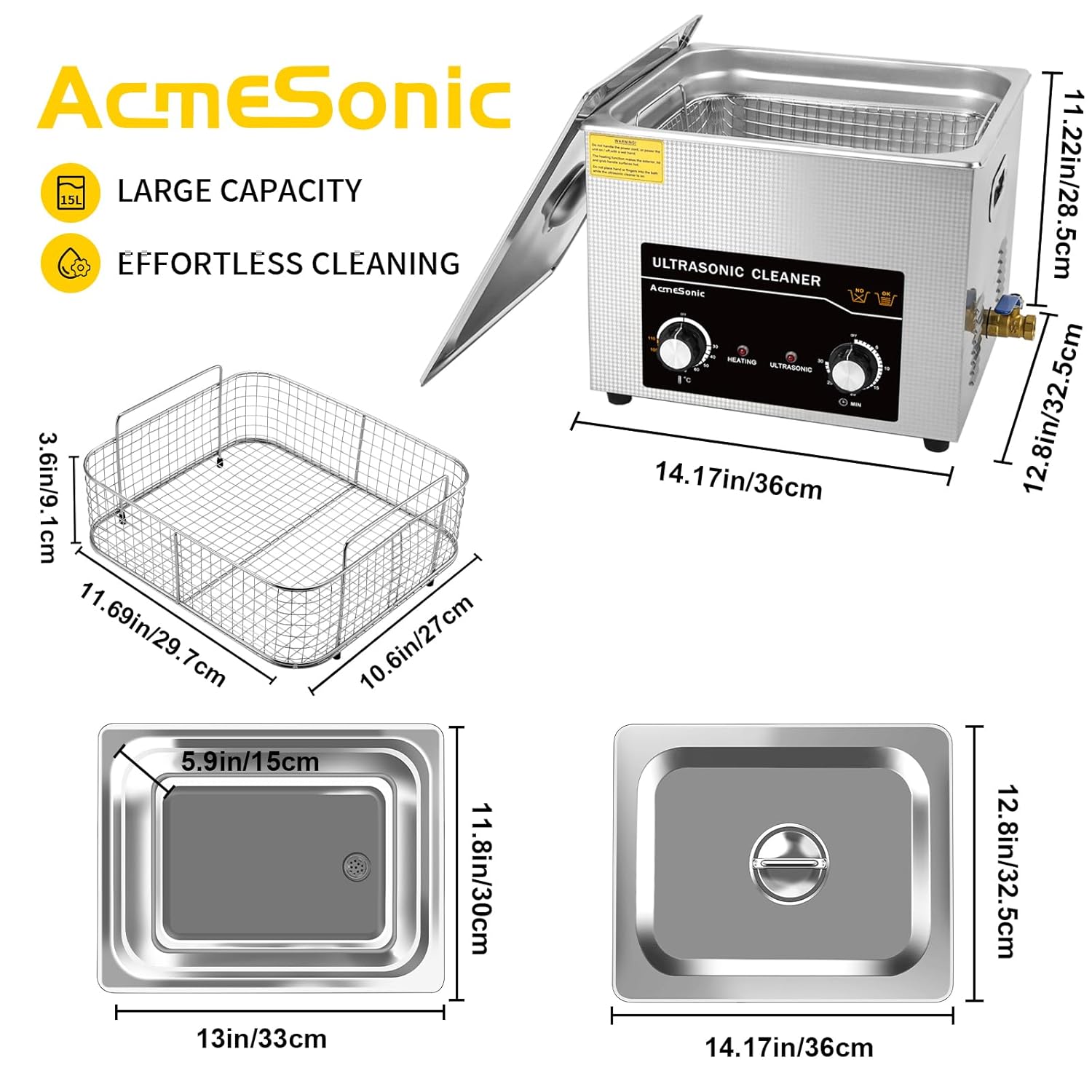 Ultrasonic Cleaner 15L Ultrasonic Cleaners with Heater 360w 40kHz High-Frequency Deep Cleaning Machine for Cleaning, Jewelry, Coins, Metal Small Parts, Circuit Board, Lab Tools, etc