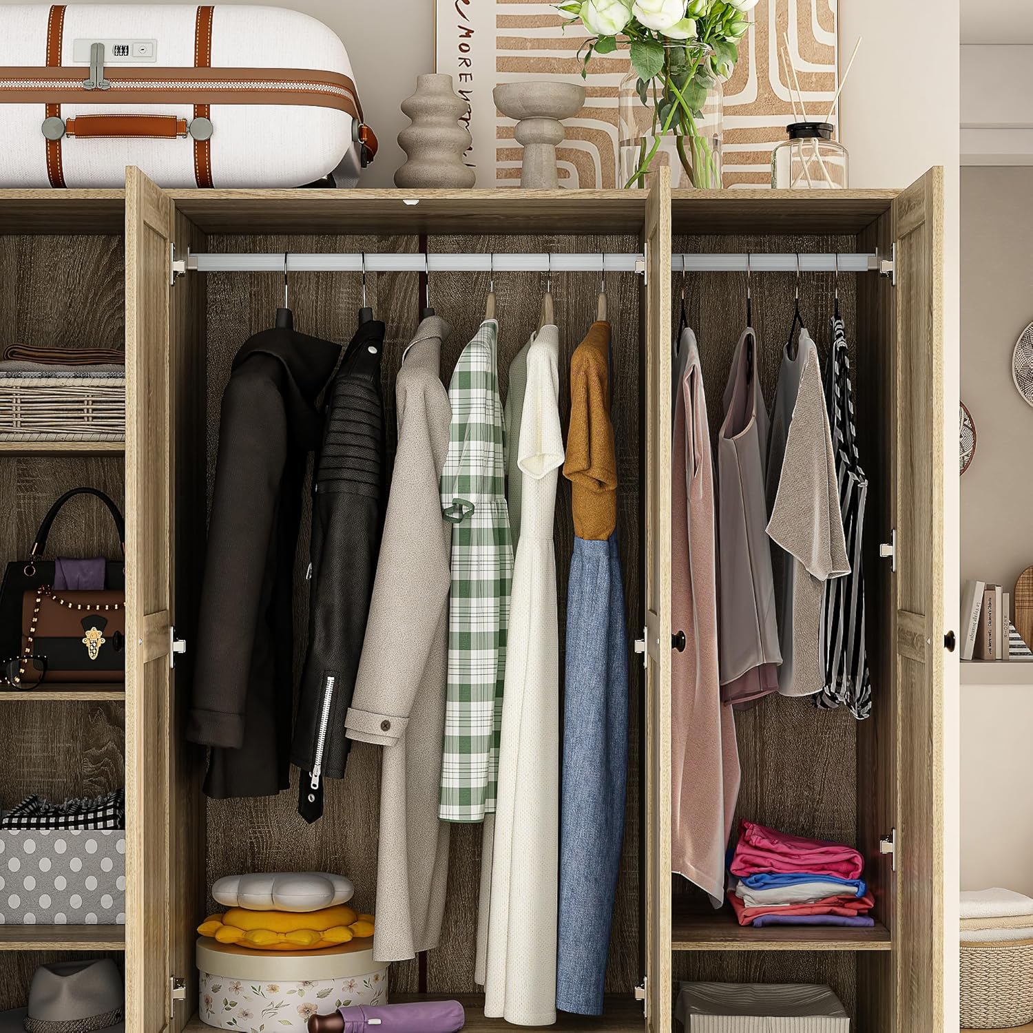 Homsee 8 Door Wardrobe Armoire Closet, Bedroom Cabinet Armoire with Rattan Doors, 5 Drawers, 2 Hanging Bars, Top Cabinets & Shelves, Light Brown