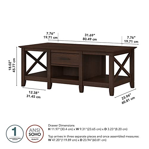 Bush Furniture Key West Coffee Table with Storage with Aged Bronze Hardware | Center Counter for Living Room, 47Wx24Dx18H, Bing Cherry