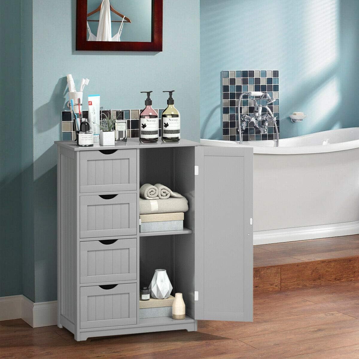 Elegant Design Multifunction Freestanding Bathroom Floor Cupboard Cabinet Storage Organize with 4 Drawer Adjustable Sturdy Durable for Toilet, Living Room, Bedroom, Corridor, Office Grey