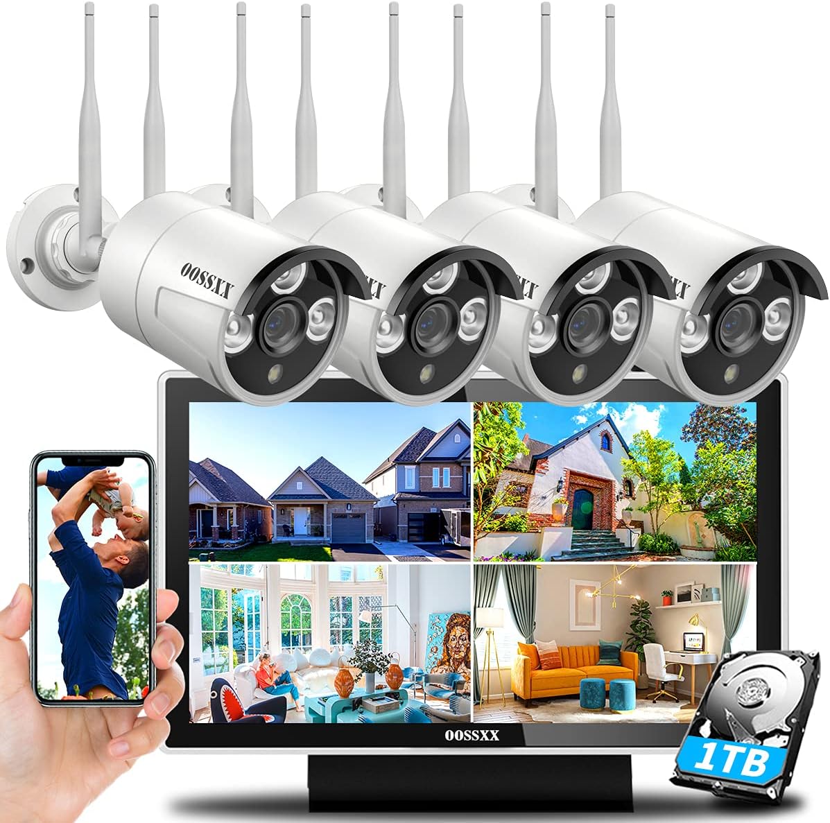 OOSSXX {Dual Antennas Wireless Enhanced & All-in-One} 2K 3.0MP Wireless Home Security Camera Systems Outdoor with 10inch Monitor, Wi-Fi Video Surveillance Camera System with 1TB