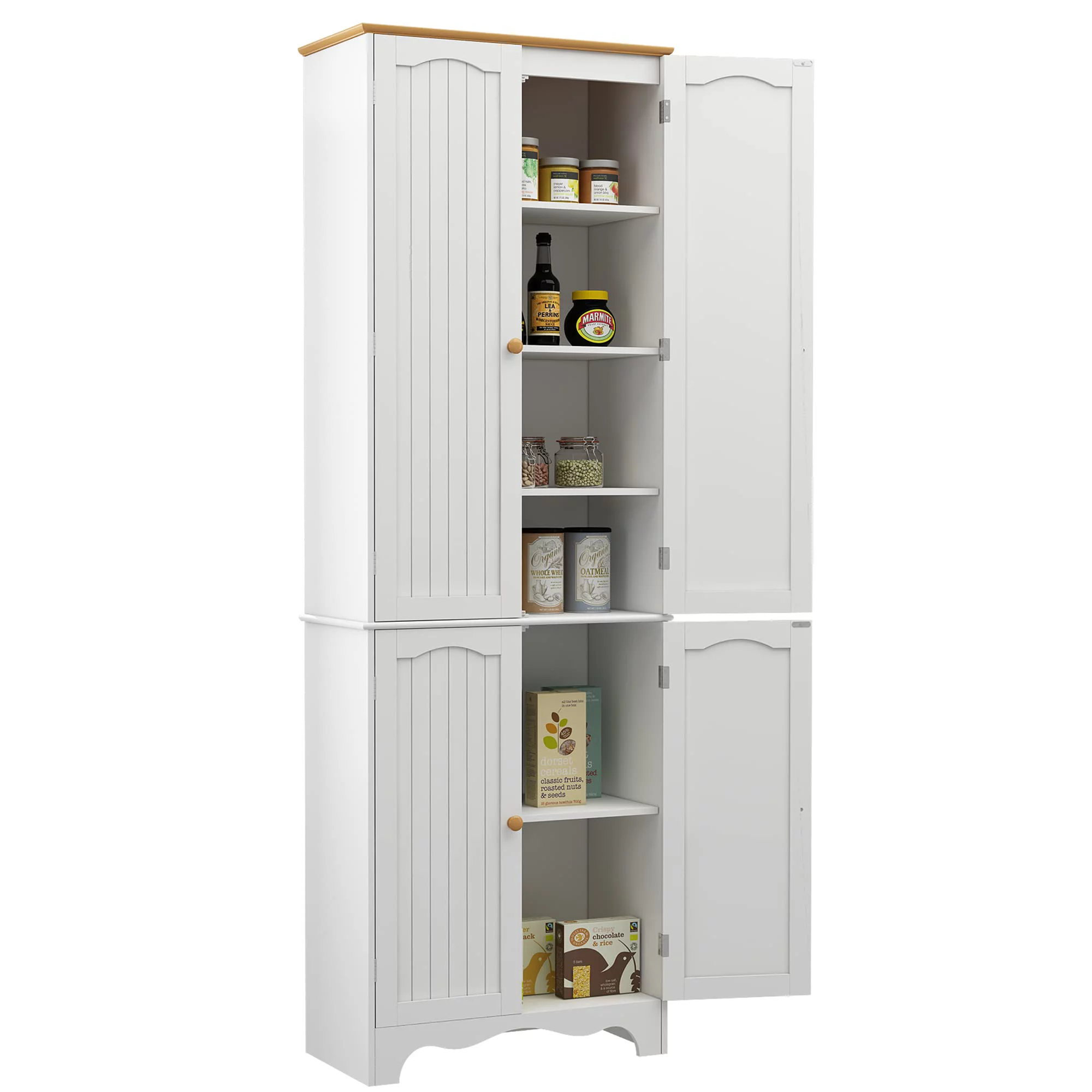 Yusong 72'' Tall Kitchen Pantry Cabinet, Farmhouse Storage Cabinet with 4 Doors and 2 Adjustable Shelf, Freestanding Wooden Cupboard Buffet for Home Dining Room Living Room Entryway, White and Honey