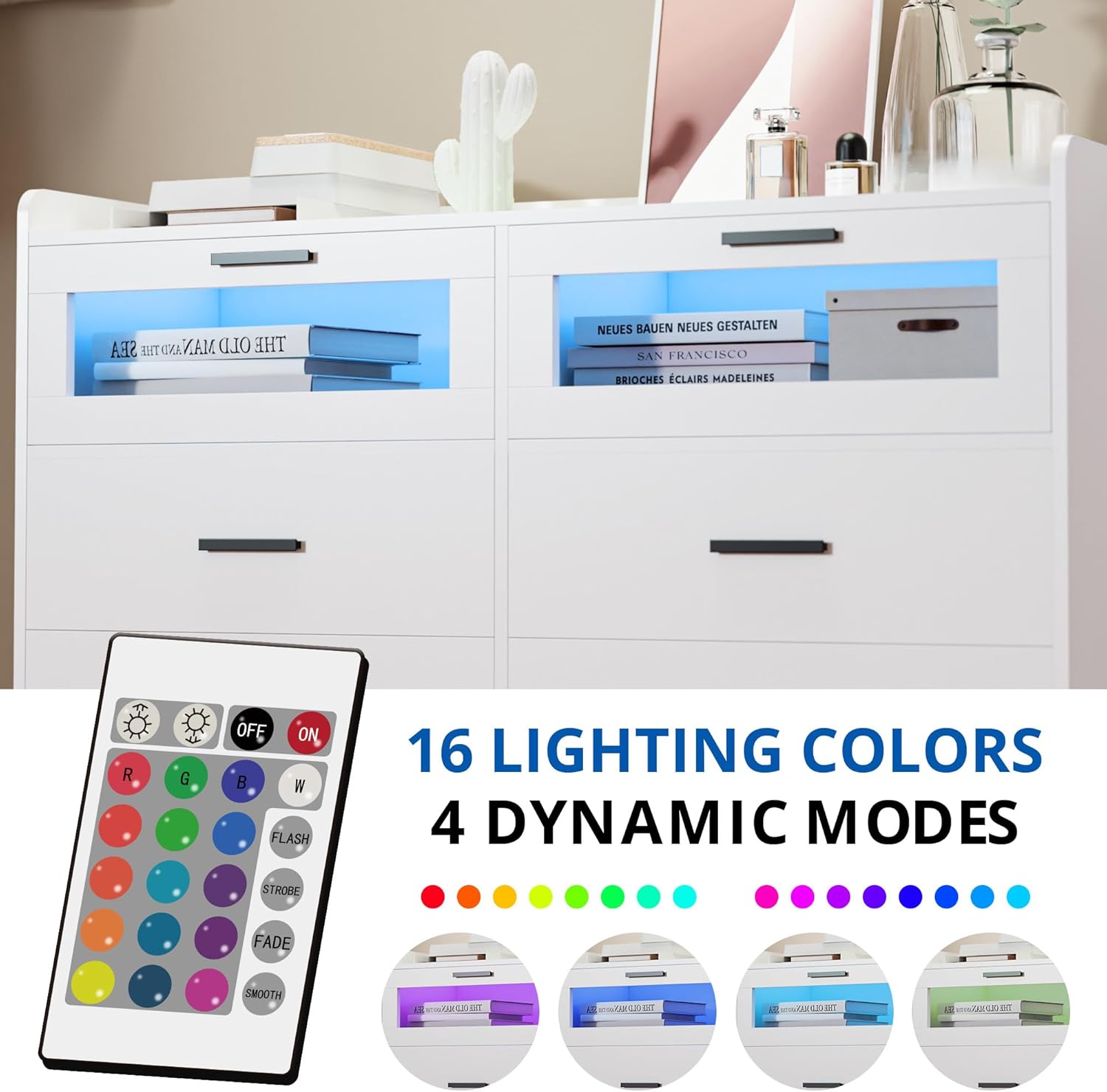 Cozy Castle 6 Drawer Double Dressers LED Modern Chest of Drawers Large Organizer Wood Accent Storage Cabinets for Living Room Home Office Entryway, White