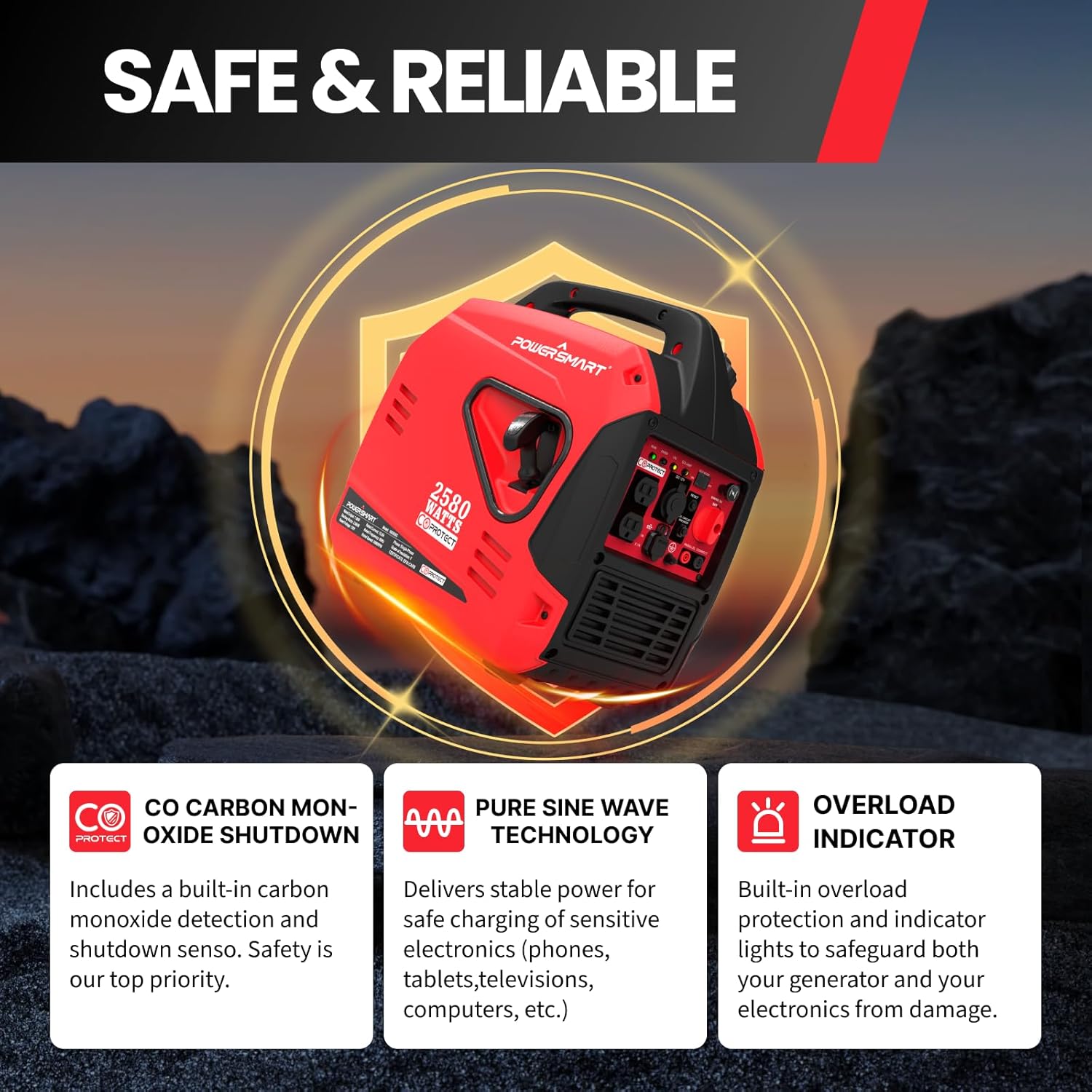 PowerSmart 2580-Watt Portable Inverter Generator, CO Protector, Lightweight Generator for Camping & Home Backup