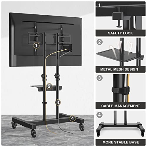 Mobile TV Stand Rolling TV Cart Floor Stand with Mount on Lockable Wheels Height Adjustable Shelf for 32-83 Inch TV Stand Flat Screen or Curved TVs Monitors Display Trolley Loading 110 lbs, White