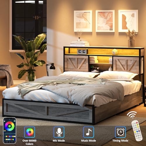 Queen Size Bed Frame with Charging Station, Queen Bed Frame with 4 Drawers LED Light, Farmhouse Platform Bed with Headboard Storage 3 Layer Shelves, Wash Grey