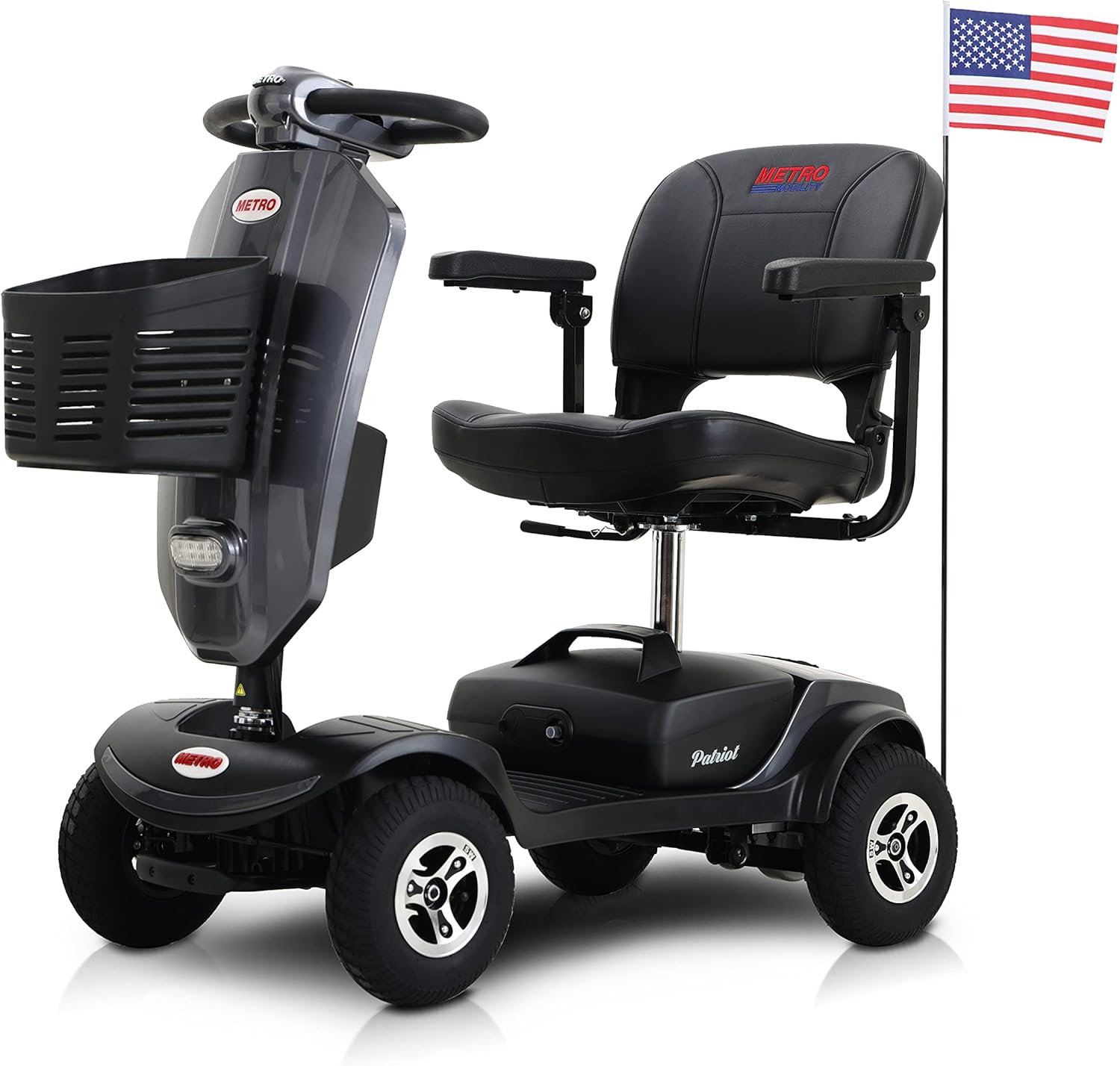 4 Wheel Mobility Scooter Foldable Mobility Scooter for Adults & Seniors 300 lbs Capacity Compact for Travel Long Range Power Extended Battery with Charger Basket and Front LED Light -Grey