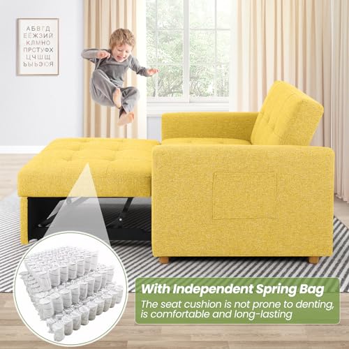 Convertible Sofa Bed, 3-in-1 Sleeper Sofa Pull Out Couch Bed, 2-Seater Linen Fabric Loveseat Futon Sofa with Spring Support, Adjustable Backrest for Small Spaces, Living Room, Navy Blue