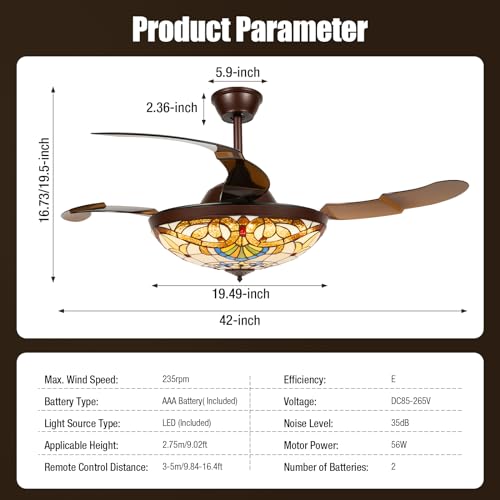 42 Inch Tiffany Style Ceiling Fan Stained Glass Ceiling Fan Retractable Ceiling Fan with Light and Remote Control 3 Speed, 3 Lighting Color Setting for Bedroom, Living and Dining Room