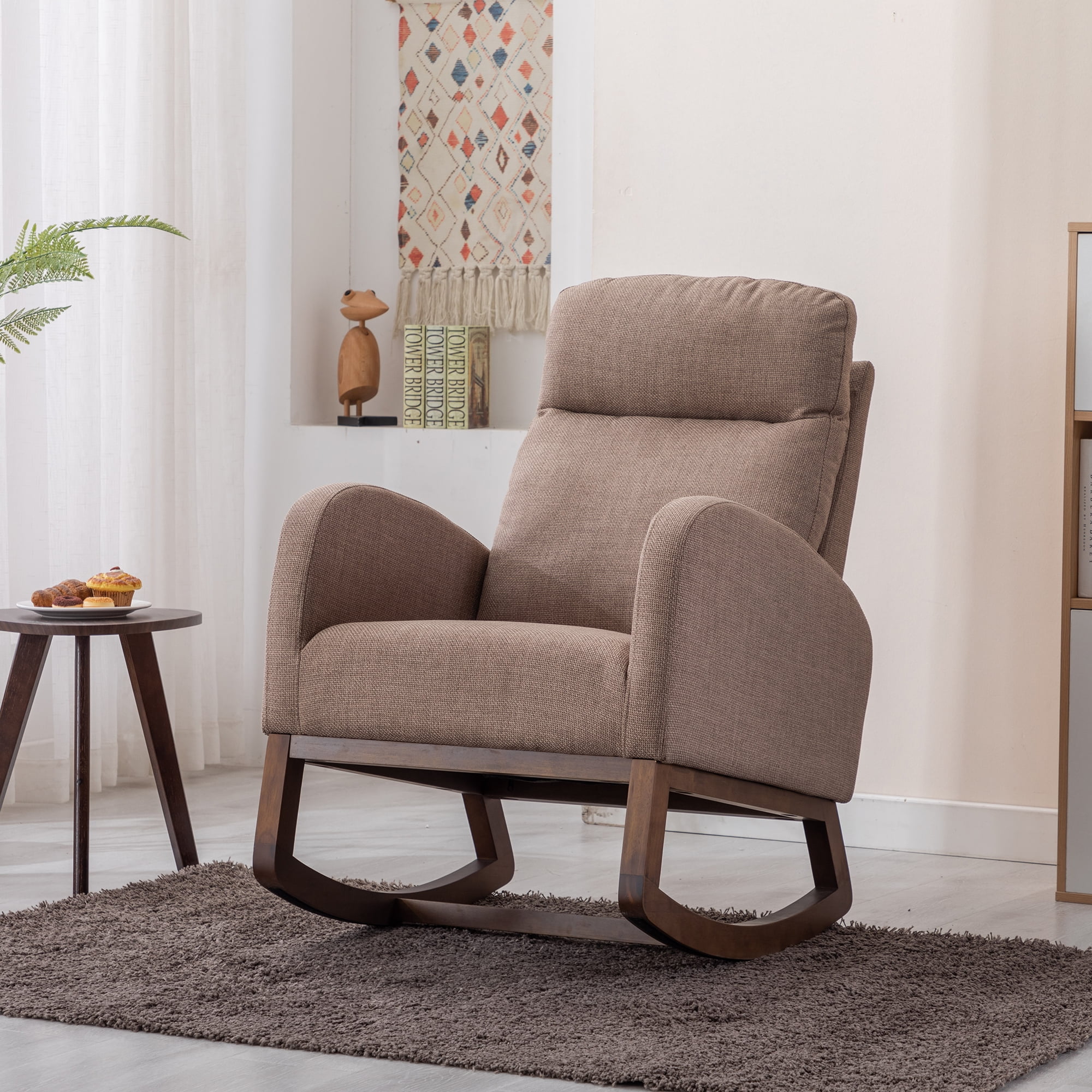 SYNGAR Modern Accent Rocking Chair, Upholstered Nursery Glider Rocker for Baby and Kids, Comfy Armchair with Side Pocket, Living Room Lounge Arm Chair, High Backrest with Wood Curved Base, Camel