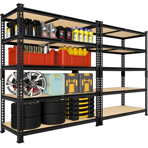 5 Tier Garage Storage Shelves - 32" W x 16" D x 63" H Adjustable Heavy Duty Metal Shelving Unit, Garage Shelving Utility Storage Rack for Basement, Pantry, Kitchen, Black, 2 PCS