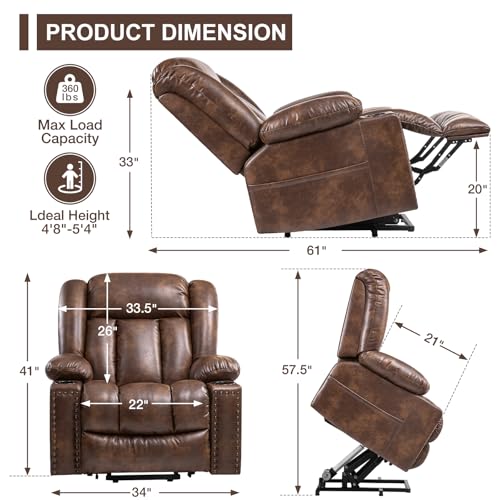 Large Power Lift Recliner Chair for Elderly with Heat and Massage, Lift Chairs for Seniors, 3 Positions, Breathable Leather, USB Ports, Cup Holder,Side Pocket, Light Brown