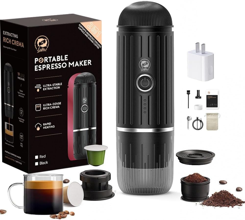 Portable Coffee Maker Travel Espresso Machine 120W, 19 Bar Pressure 7500mAh Rechargeable Battery Version Portable On the Go for Camping, Driving, Home and Office Travelling