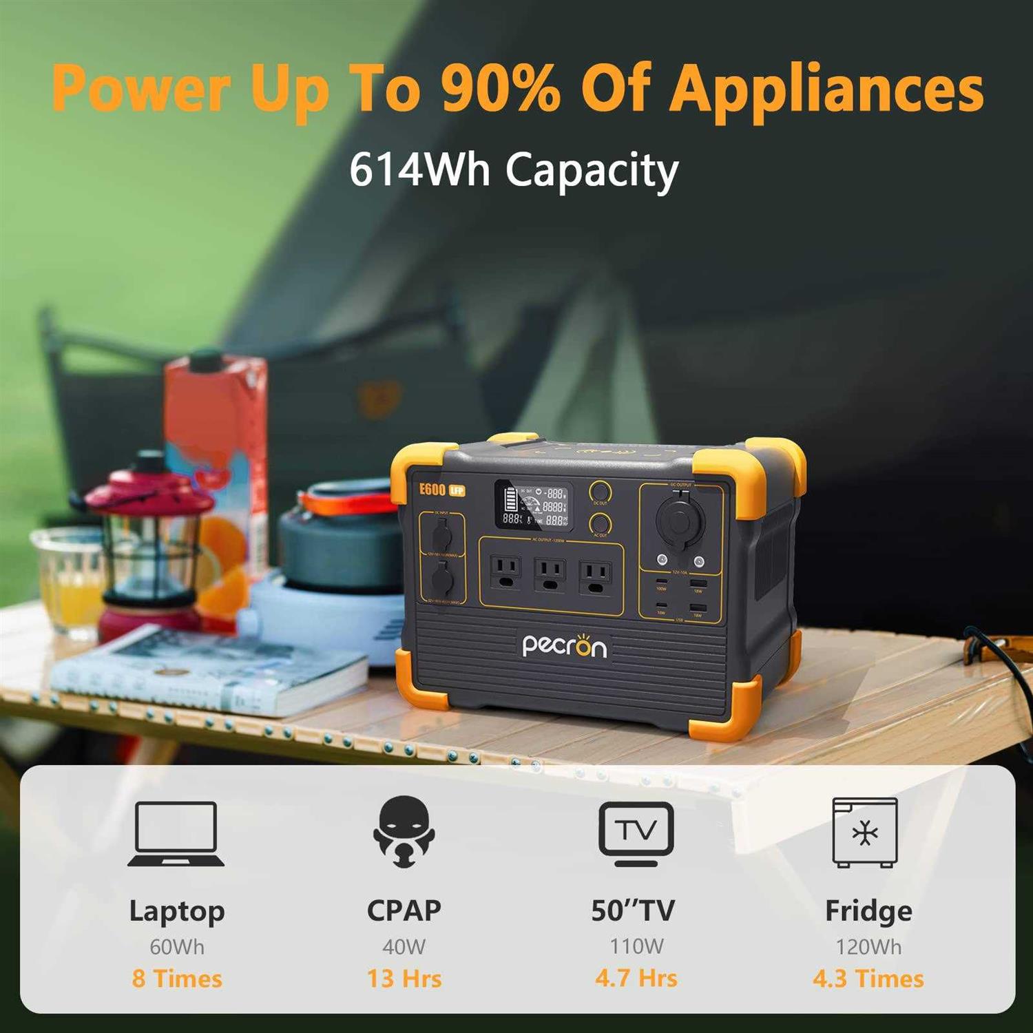pecron E600lfp 614Wh/1200W Portable Power Station Solar Generator LiFePO4 Battery for Camping RV Home Backup Outdoor Emergency