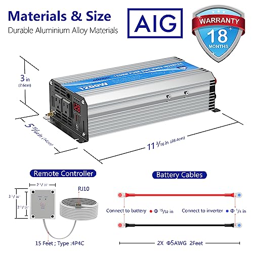 Power Inverter Pure Sine Wave 1200 Watt 12V DC to 120V with USB Ports Type-C PD30W and QC 3.0 Fast Charger with Remote for RV Car Solar System Emergency