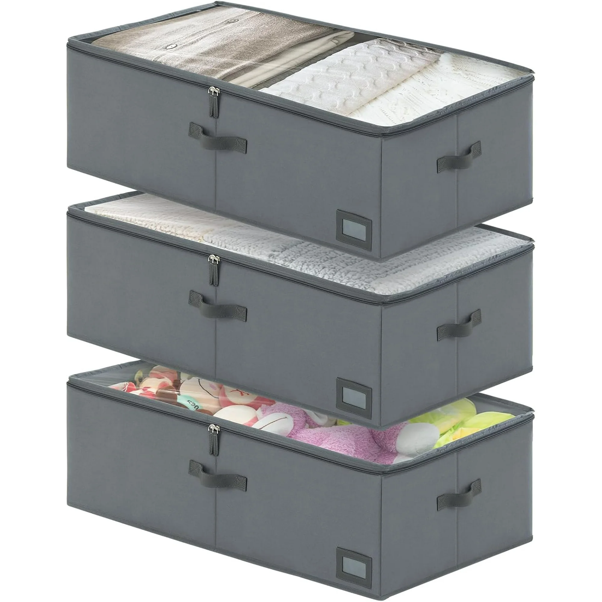 4-Inch Under Bed Storage Containers (3-Pack) | Sturdy Sidewalls | Clear Cover &amp; Label Holder | Underbed Organizer for Crib/Couch | Stores Clothing/Blankets/Wrapping Paper/Toys