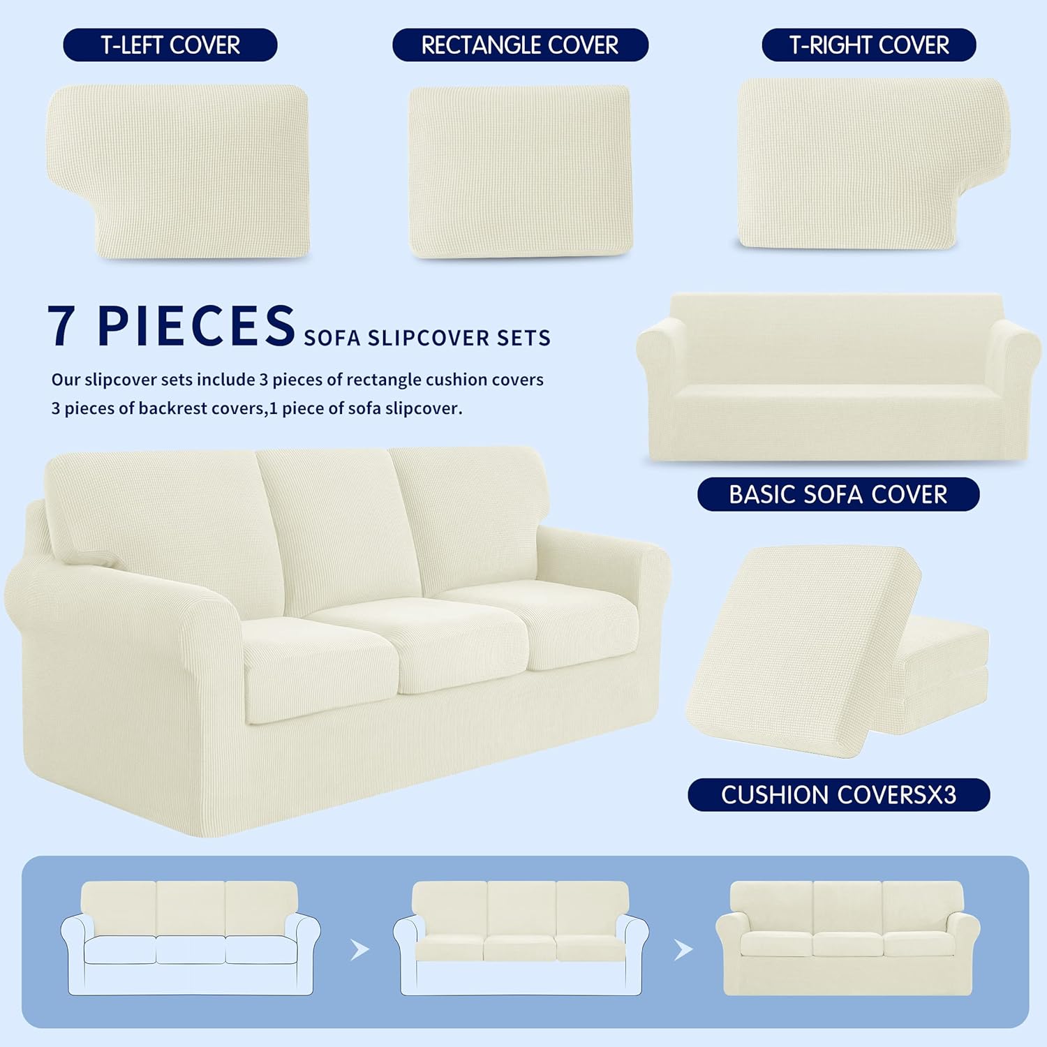 Subrtex 3 Piece Armchair Cover Bundles 7 Piece Sofa Cover Stretch Couch Slipcover with Separate Backrest Covers and Cushion Covers Slipcover Sets for Living Room（Small+Large,Ivory）
