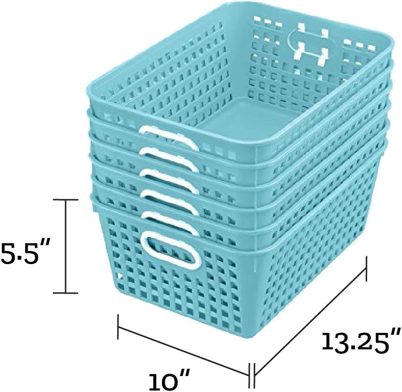 Really Good Stuff Multi-Purpose Plastic Storage Baskets for Classroom or Home Use - Stackable Mesh Plastic Baskets with Grip Handles 13" x 10" (Water - Set of 12)