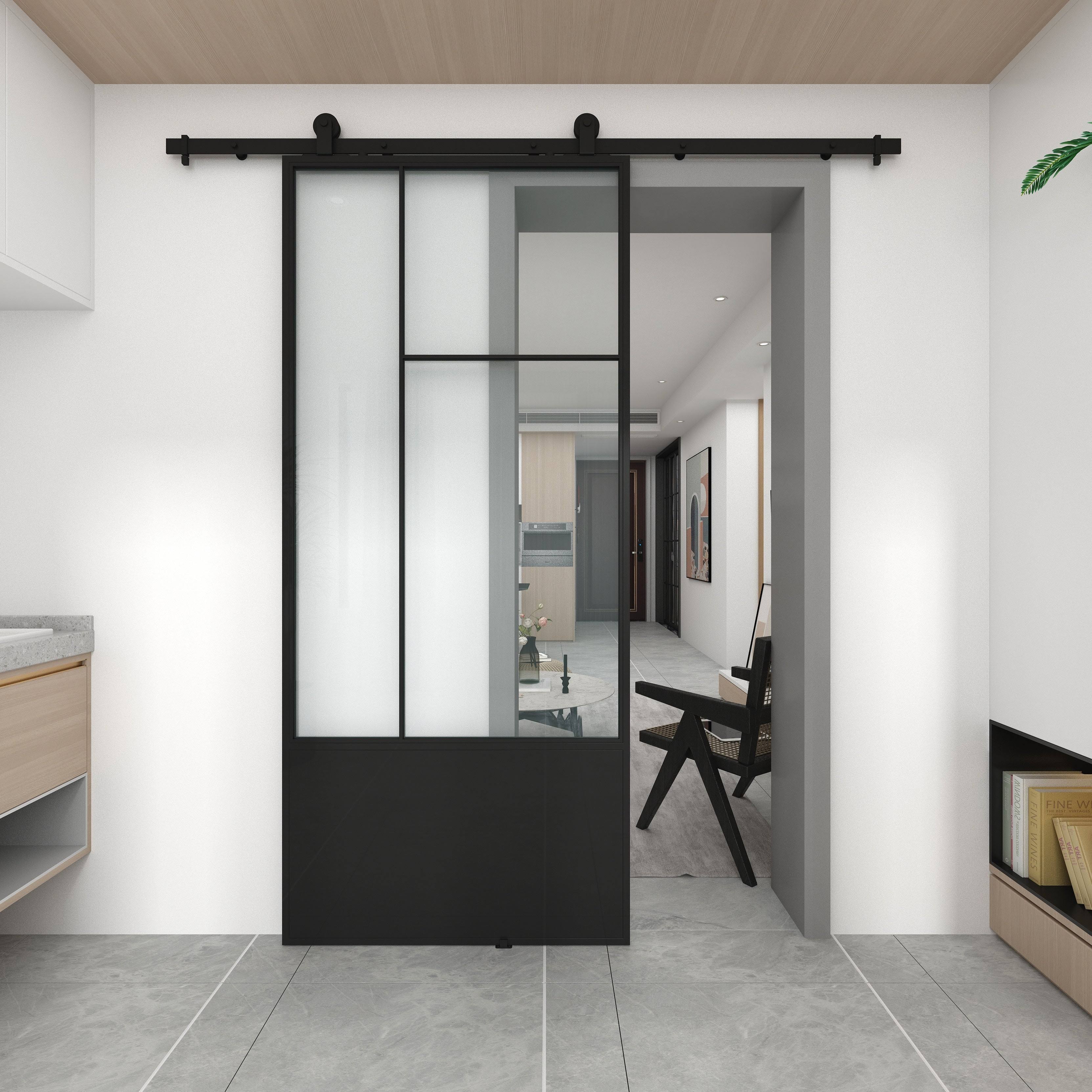 Colonial Elegance Cicero 37 in. x 84 in. 3/4 Lite Clear Glass Black Metal Finish Sliding Barn Door with Hardware Kit