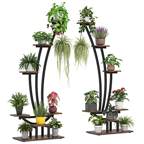 Tribesigns 6-Tier Tall Indoor Plant Stand Pack of 2, Metal Curved Display Shelf with 2 Hanging Hooks, Multi-Purpose Bonsai Flower Pots Plant Rack for Indoor, Garden, Balcony, Living Room