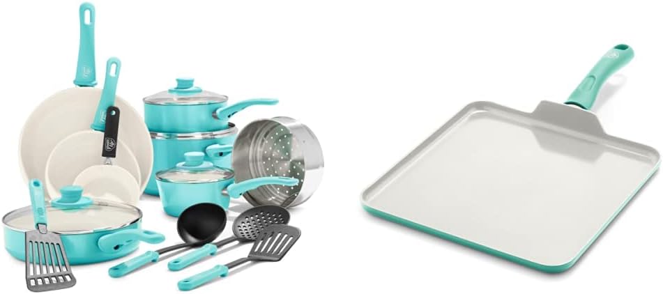 GreenLife Soft Grip Healthy Ceramic Nonstick 16 Piece Cookware Pots and Pans Set, Turquoise & Soft Grip Healthy Ceramic Nonstick, 11" Griddle Pan, Turquoise