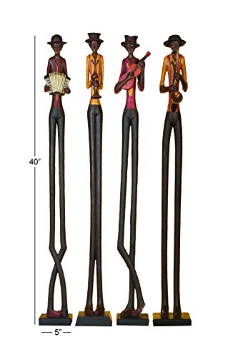 Deco 79 Polystone Musician Decorative Sculpture Tall Long Legged Jazz Band Home Decor Statues with Black Base Stand, Set of 4 Accent Figurines 5"W, 40"H, Brown
