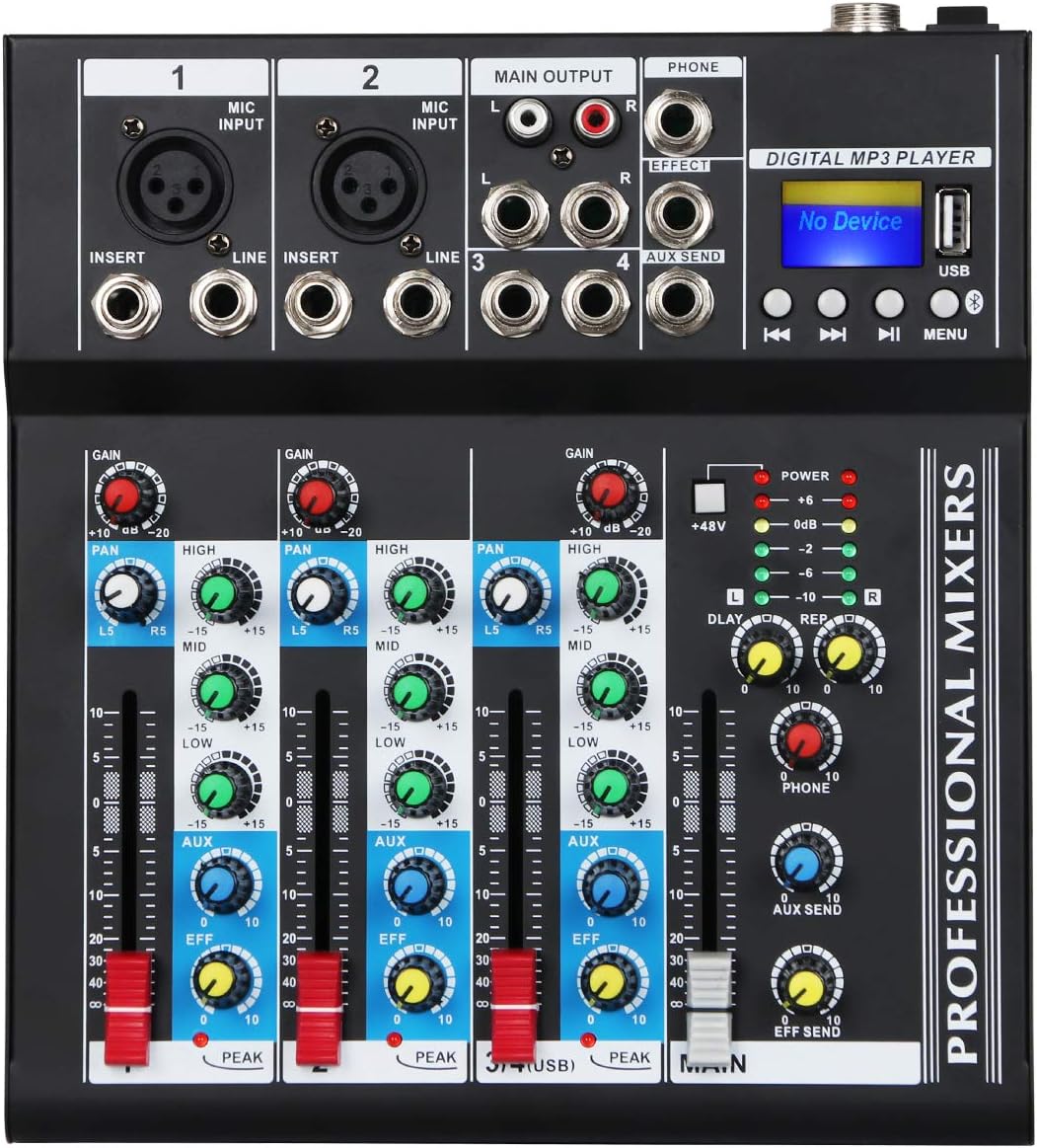 Depusheng HT4 Bluetooth Compatible Professional Portable Digital DJ Console w/USB 4 Channel Mixer Audio Interface-Mixing Boards For Studio Recording, Black Pack of 2