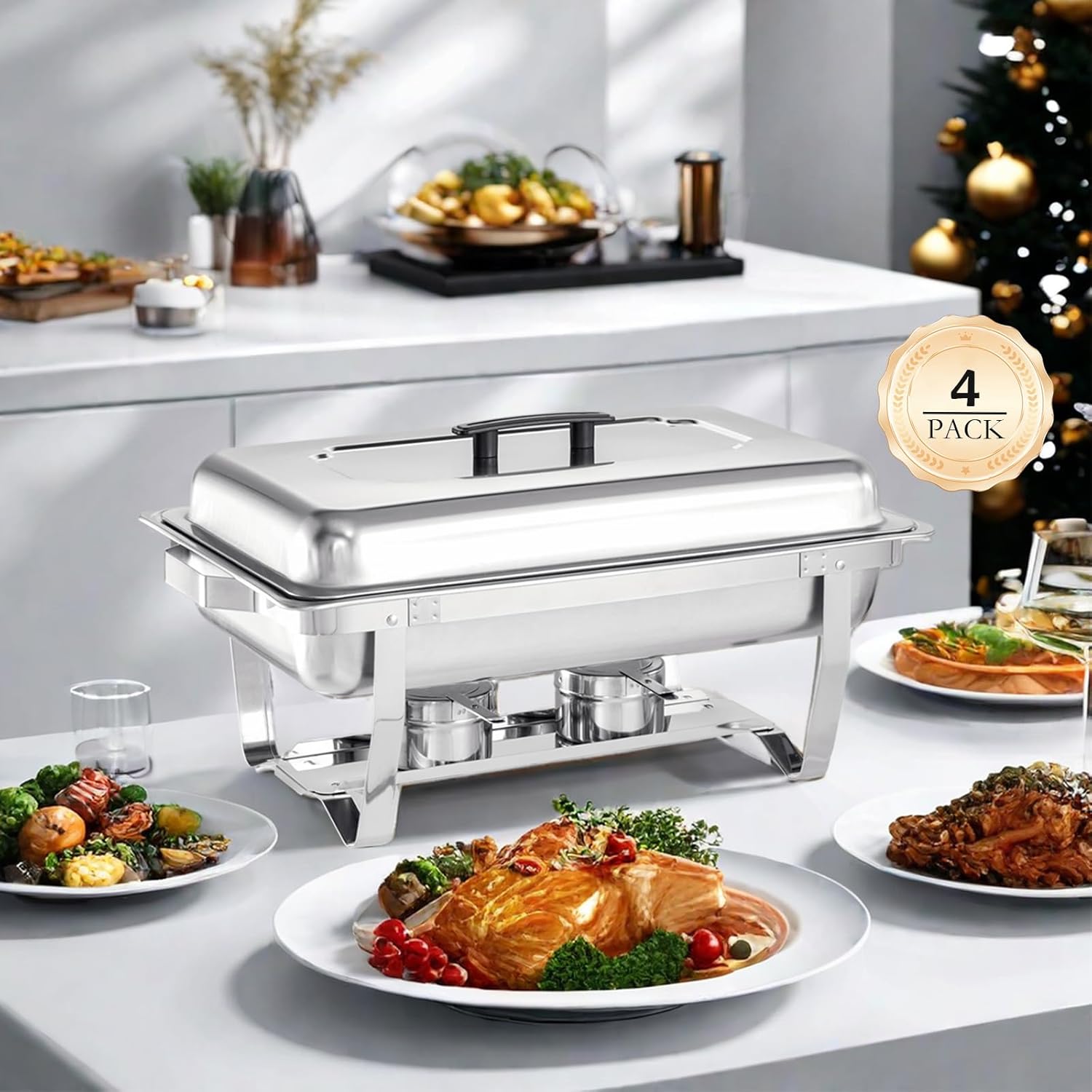 Chafing Dish Buffet Set - 4 Pack, 8 Quart Stainless Steel Chafer Buffet Servers and Warmers Set with Folding Frame for Weddings, Parties, Banquets, and Catering Eventst