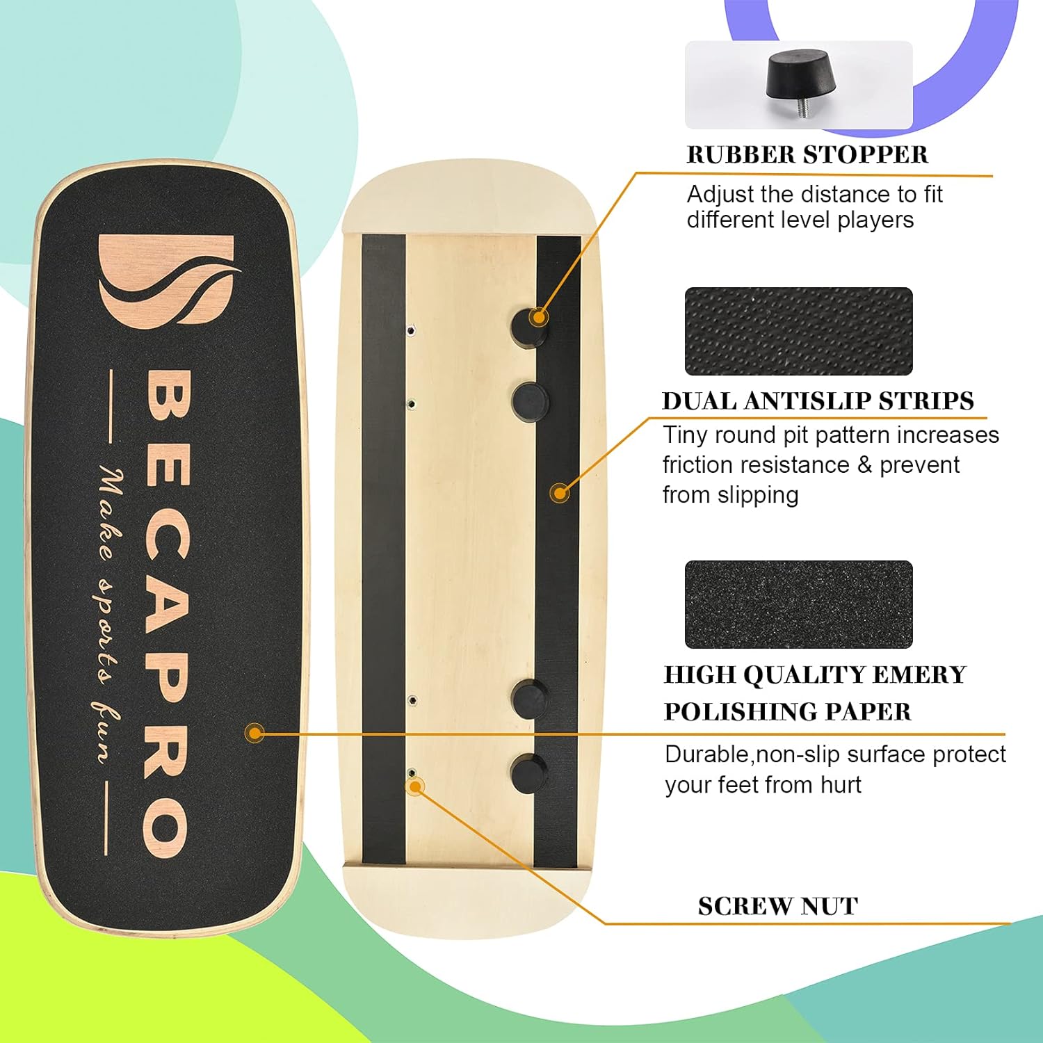 BECAPRO Balance Board Trainer, Wooden Balance Board with Adjustable Stoppers -3 Different Distance Options-Balance Exercise Equipment for Fitness Workout, Hockey‎, Surfing, Skateboarding and Snowboarding