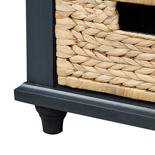 Wood Shoe Storage Benches with Cushion, Removable 2 Drawers for Entryway Livingroom Mudroom, Navy, 1 Rattan Baskets