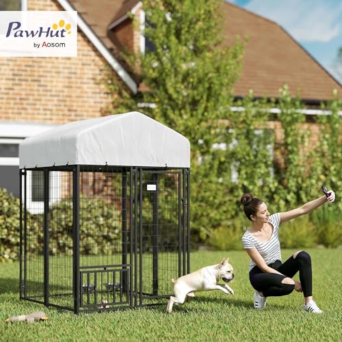 PawHut 4.6' x 4.6' x 5' Dog Kennel Outside, Welded Wire Outdoor Dog Kennel Run with Waterproof & UV Resistant Cover, for S&M Breeds, Chickens, Ducks, Black