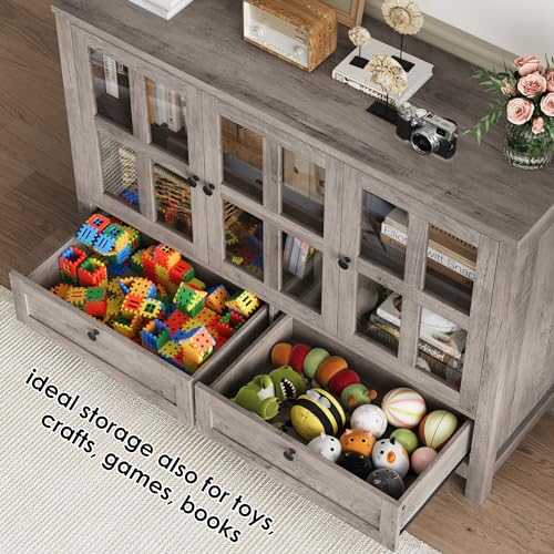 Keyluv Buffet Cabinet Wood/Glass Sideboard Storage Cabinet with 3 Doors and 2 Drawers, 47.2 inches Kitchen Buffet Table for Dining Room, Living Room, Entryway, Rustic