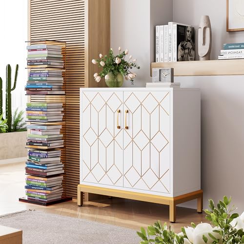 Accent Storage Cabinet with Doors, Freestanding Floor Cabinet, Sideboard Buffet Cabinet with Gold Lines, Carved Decorative Cabinets for Living Room, Kitchen, Office White with Gold Legs