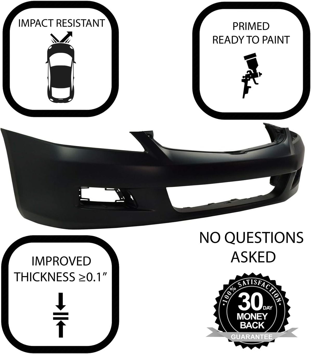 Front Plastic Bumper Cover Fascia for 2006-2007 Honda Accord Sedan EX LX SE Hybrid 06-07. New, Primed and Ready for Paint. with Fog Light Holes. HO1000235 04711SDLA90ZZ