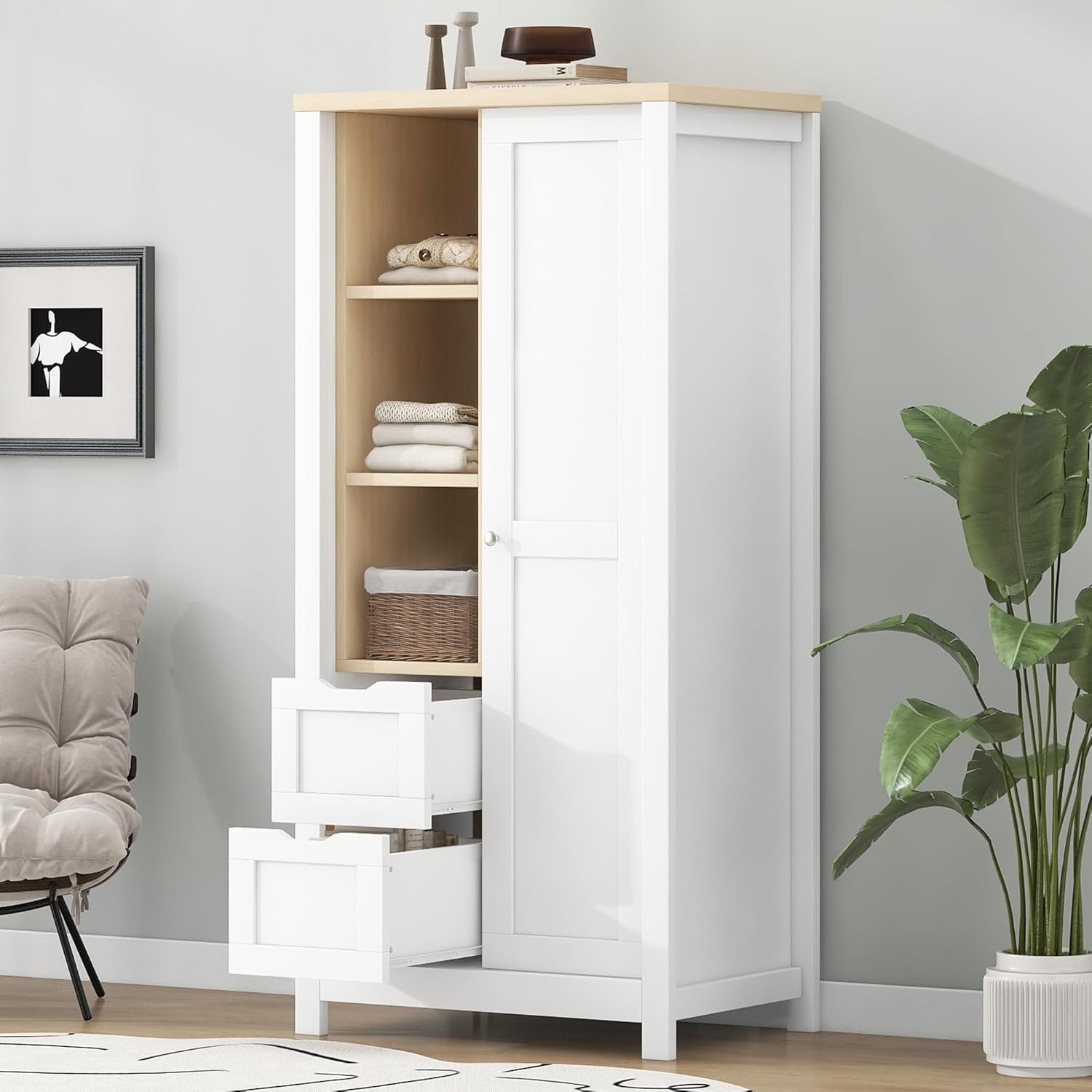 68.30 inch Wardrobe Closet Organizer with 2 Drawers, Open Shelves and Hanging Rods Slim Wooden Armoire Sliding Door Functional Clothes Storage Cabinet for Bedroom, White