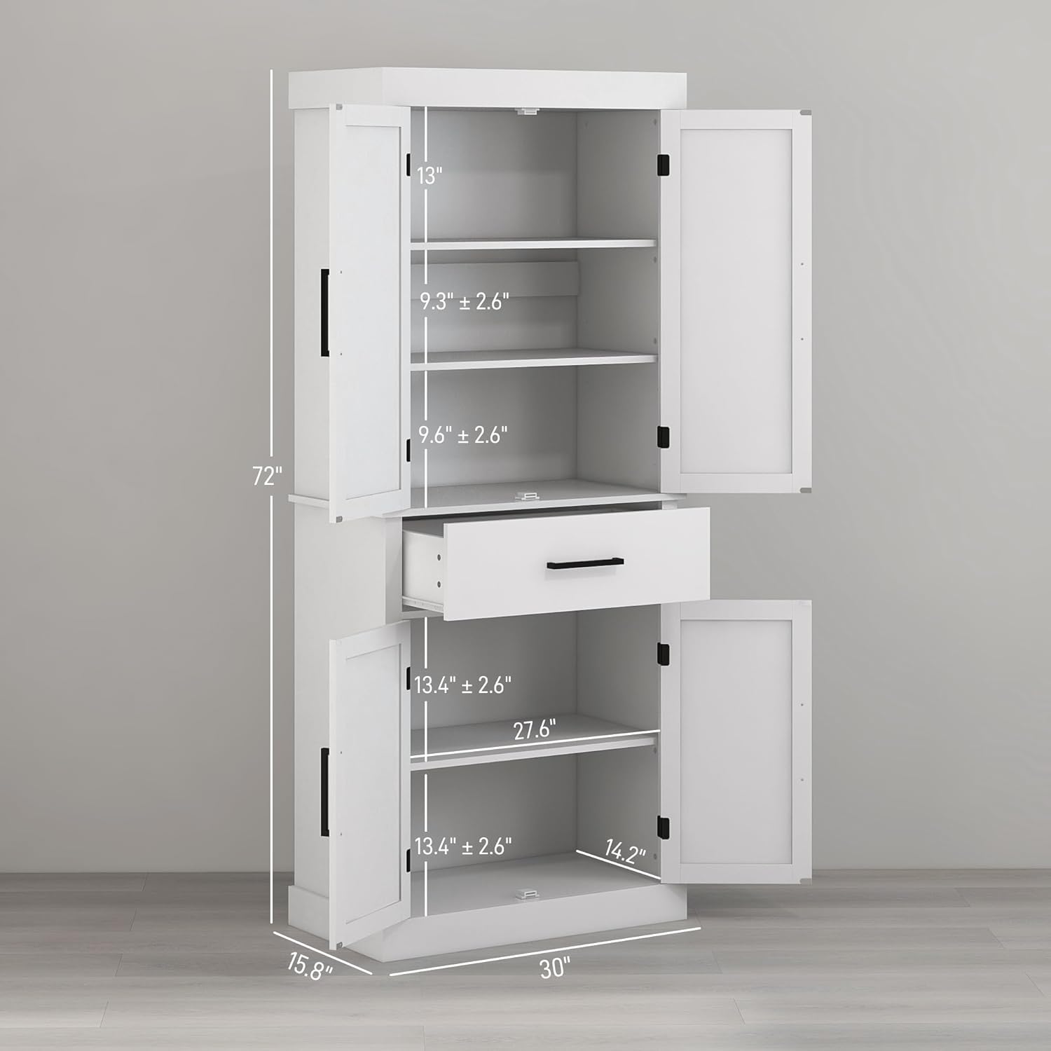 HOMCOM 72" Tall Kitchen Pantry Storage Cabinet, Farmhouse Freestanding Kitchen Cabinet with 4 Barn Doors, Drawer, 5-Tier Shelf and Adjustable Shelves, White
