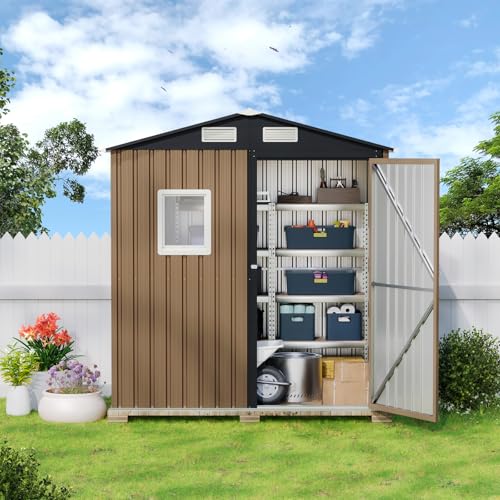 10X12X7.5 FT Outdoor Steel Storage Shed with Lockable Doors, 2 Windows, Transparent Roof Panels (Wood Panels & Frame Floor Not Included), Ideal for Patio Storage,Garbage Can, Chicken Coop，Brown