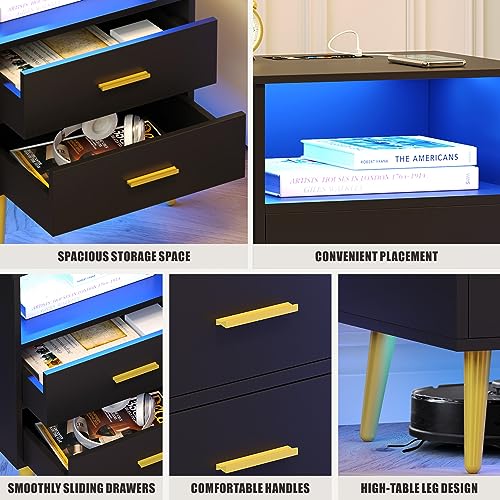 Nightstand set of 2 with Charging Station, Smart Night Stand with LED Light, Wood Bedside Table with 2 Drawers and Storage, Modern End Table for Bedroom Living Room, Grey