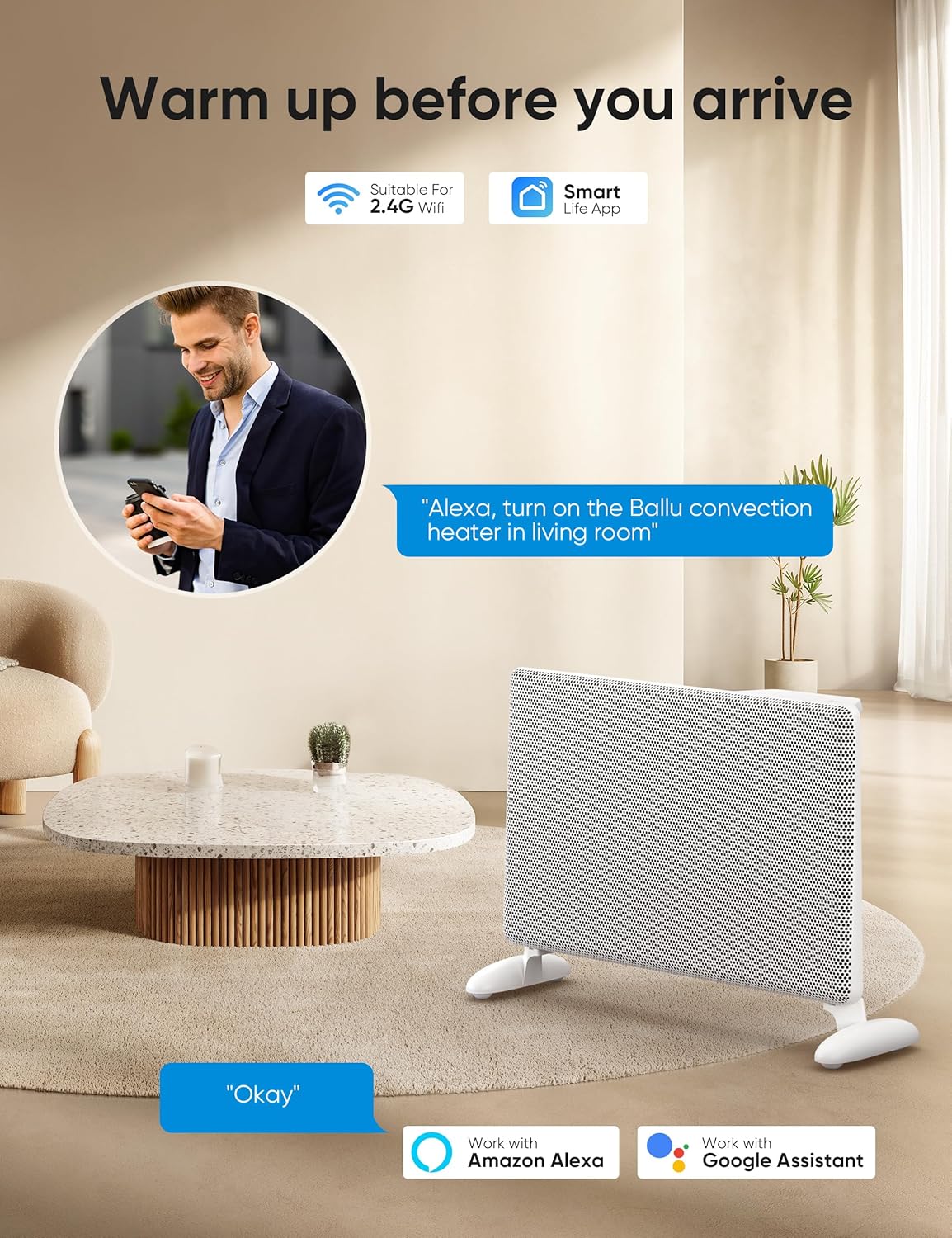 Ballu Mica Infrared Space Heaters for Indoor Use,Wifi APP Control Heater with Ditial Thermostat,24h Timer,Eco mode,Portable Standing,Wall mount,1500W Panel Electric Heaters for Indoor Use Large Room
