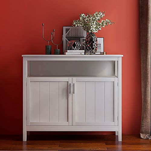 40 Inch Buffet Table with Shelves, Modern Storage Cabinet Side Table with 2 Doors and Metal Handles, Solid Wood Cupboard Table for Living Room Kitchen, Space Saving, White