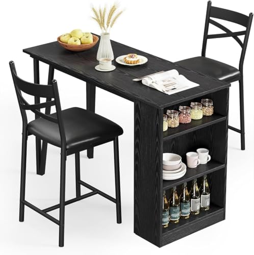 GAOMON 3 Piece Bar Table Set for 2, Bar Table and Chairs Set with with Flip Top Extension, Dining Table Set with Storage Shelves, Suitable for Small Space Kitchen Apartment, Grey