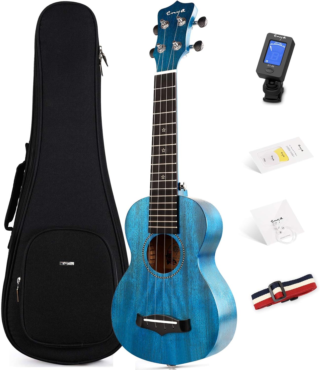 Enya Concert Ukulele 23 Inch Blue Solid Mahogany Top with Ukulele Starter Kit Includes Online Lessons, Tuner,Case, Strap, Strings, Capo, Sand Shaker, Pick,Polish Cloth (EUC-25D BU)