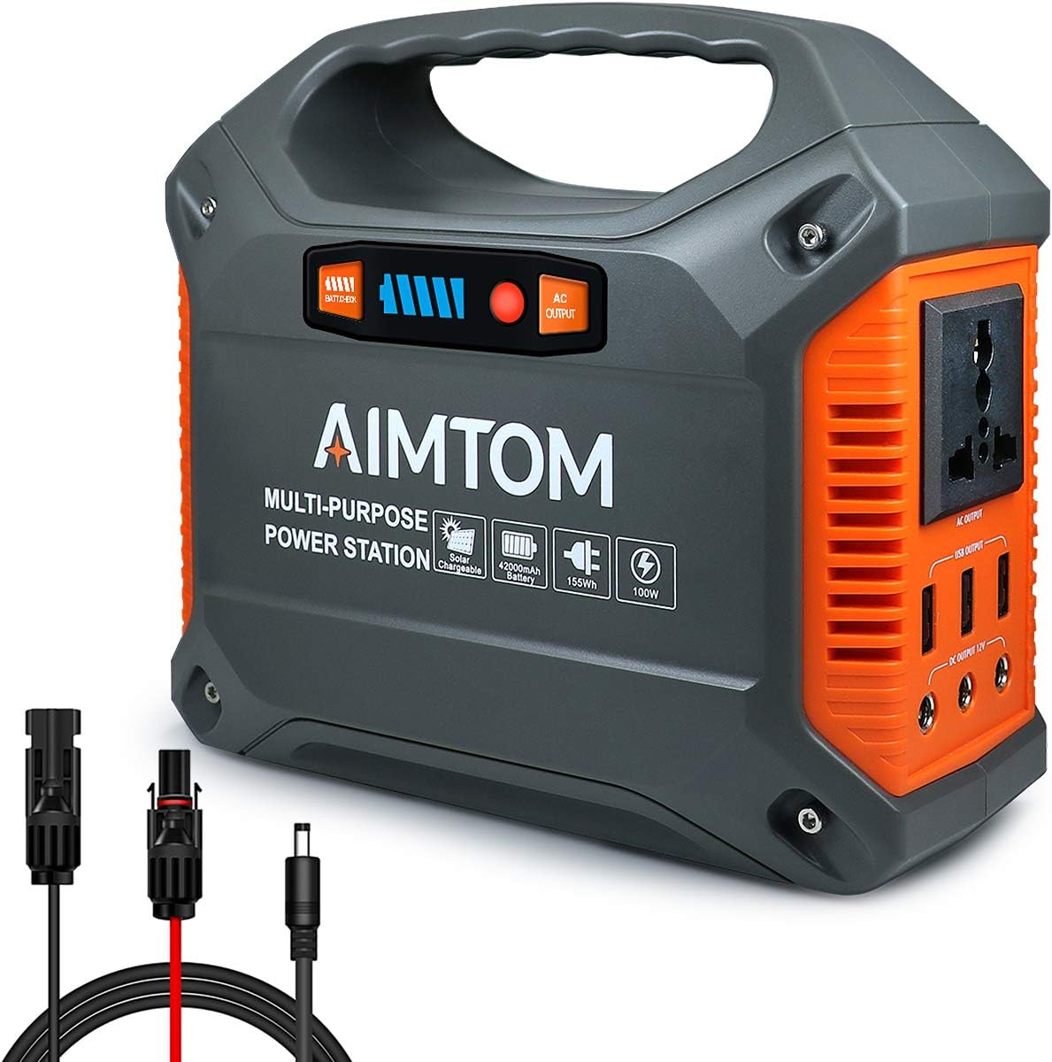 AIMTOM 155Wh Portable Power Station, Solar Rechargeable Lithium Battery Backup Power Supply with 110V/100W (Peak 150W) AC Inverter Outlet, USB Ports, DC Output for Outdoors Camping Travel Emergency