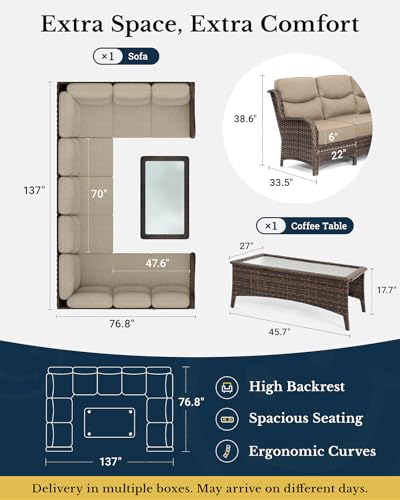 Luxury Patio Furniture Set with 6-inch Thick Cushion, Outdoor Couch and High Back Swivel Rocker Patio Chairs, 7PCS Wicker Conversation Set for Deck, Yard, and Poolside in Blue (V2)